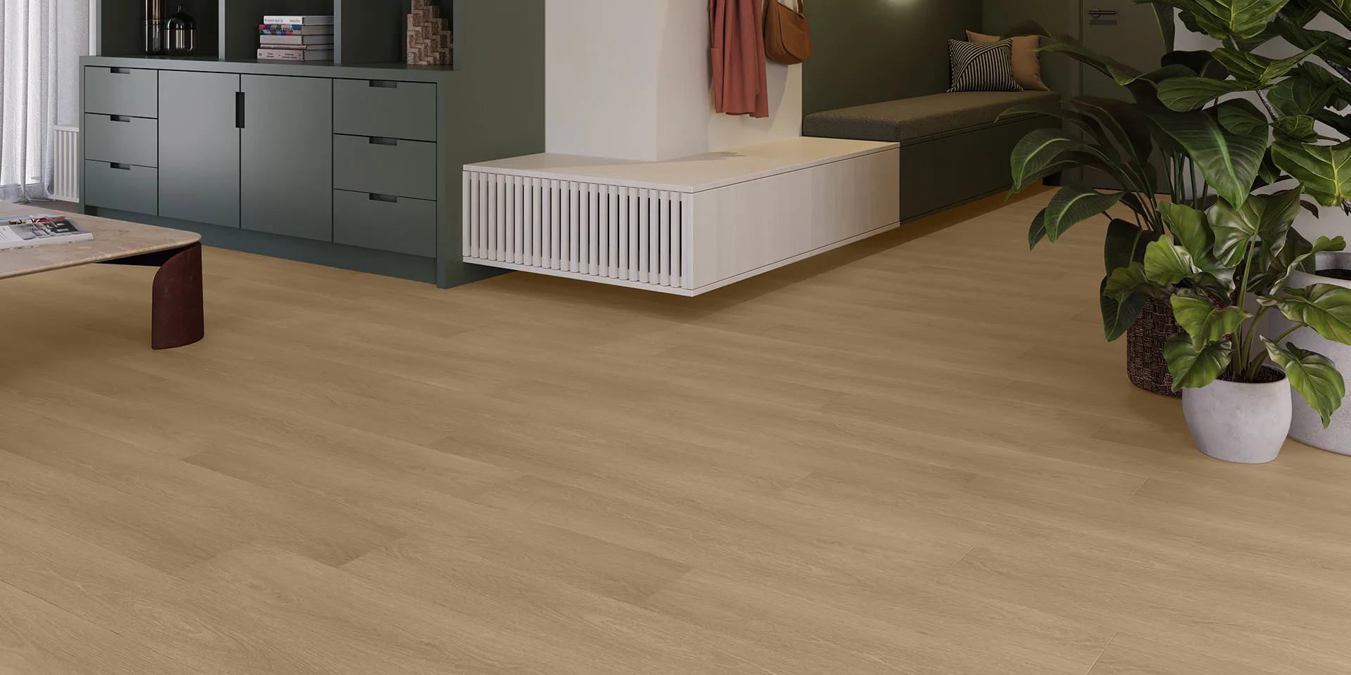 Lichte vloer met houtstructuur in een interieur met groene kasten en een kamerplant